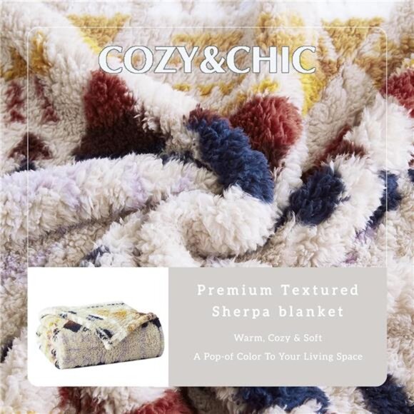 Boho Sherpa Throw Blanket Aztec Khaki Tan Ultra Soft Warm Cozy Plush Fleece NEW - Picture 4 of 5